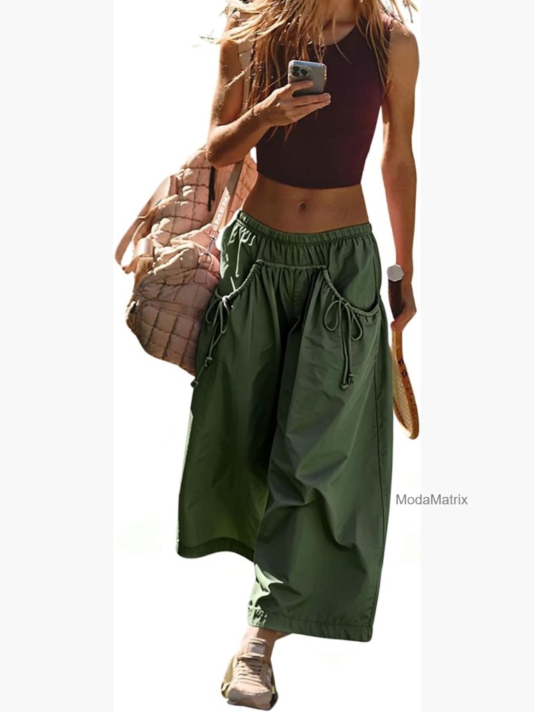 Wide Leg Track Pants Drawstring Pockets Elastic Waist Capri Hiking Pants